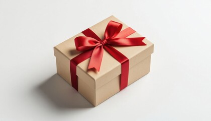 Obraz premium A closed gift box made of brown cardboard with a red ribbon and bow on top. The box is placed on a white surface, creating a clean and simple presentation.