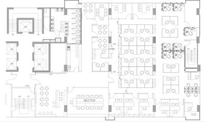 2D Office Interior Drawing with Furniture Layout Plan, Meeting Room Design, and Reception Area Planning