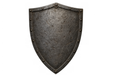 Metal shield standing, showing scratched and worn surface, representing defense, protection, and strength from the medieval age
