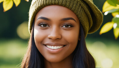 Beautiful Woman Smiling Brightly in Autumn Sunlight Outdoors