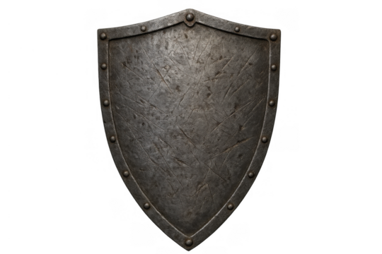Metal shield standing, showing scratched and worn surface, representing defense, protection, and strength from the medieval age