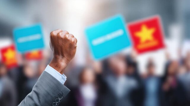 Strength in Unity: A strong fist thrusts upward amidst a crowd of individuals. this image conveys the power of collective action and the pursuit of a common goal.