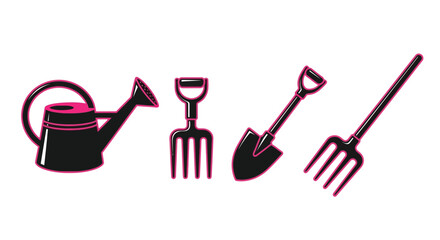 Stylish gardening tools collection featuring pink outlines on white