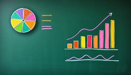 Vibrant pie chart, bar graph, and line graph drawn in colorful chalk on a dark green chalkboard, stock photo, marketing