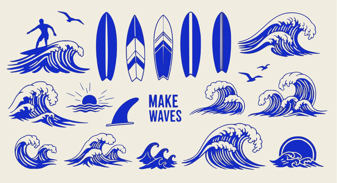 Retro single-color vector set of ocean waves, surfer riding a large wave, various surfboards, sun, shark fin, and gulls; vintage surf shop graphic assets. 