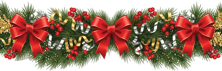 Festive Christmas Garland with Red Bows and Berries - A Classic Holiday Decoration