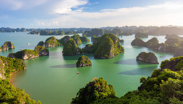 Aerial-style shot showcasing dozens of lush green limestone islands floating in the calm, emerald waters of Lan Ha Bay at sunset. - Powered by Adobe