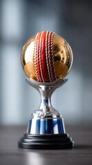 Celebrate cricket achievements with this golden trophy featuring a vibrant red seam and striking white stitching for sports marketing and team recognition