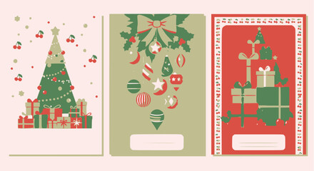 Set of three festive, retro-style Christmas greeting card templates featuring traditional holiday elements like a decorated tree, gift stacks, ornaments, holly, and bows, rendered in a muted red and g
