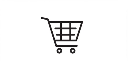 清潔感ある白背景にシャープな黒い線で描かれたショッピングカートアイコンが際立つ オンラインストアでの商品の選択や安全なデジタル決済へと導く汎用性の高いモダンなウェブデザイン要素 シームレスな購買体験を表現. AI Generated