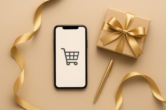 A smartphone displaying a shopping cart icon rests on a beige surface next to a gift box with a gold ribbon and a pen. - Powered by Adobe