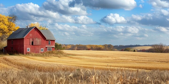 A red barn with a green roof stands in a field of golden wheat under a blue sky with white clouds.