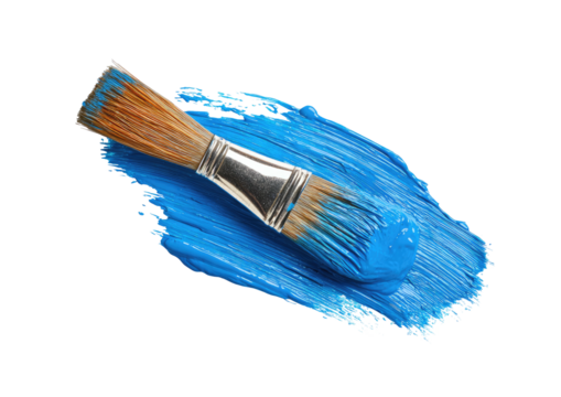 Brush loaded with blue paint against black backdrop.