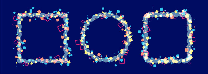 Three abstract colorful frames made of scattered confetti particles on a dark blue background