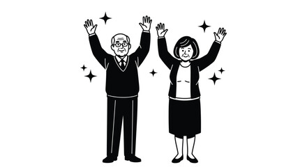 Senior couple celebrating success with raised hands and sparkling stars