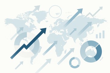A stylized world map with upward arrows and circular graphs. The design emphasizes growth and global trends in business and finance.
