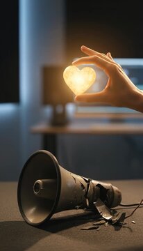 Hand Holds Glowing Heart Above Broken Megaphone, Symbolizing Hope and Creativity in Life