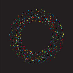 Abstract circular wreath of colorful glittering confetti particles on a dark background