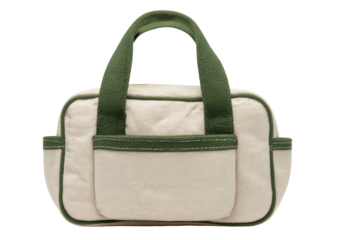 Canvas bag with green trim, handles, and front pocket