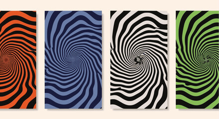 Set of four vibrant, retro-style vector posters featuring a mesmerizing, warped optical illusion swirl pattern in contrasting color combinations: orange/black, blue/dark blue, black/white, and green/b