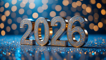 3 D Rendered 2026 Numbers with Glitter and Bokeh Lights year text