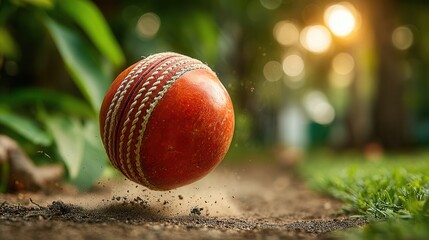 Experience the thrill of cricket with this dynamic action shot of a ball skimming the ground in a lush, natural setting. Perfect for sports ads and editorials.