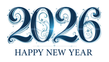 2026 Happy New Year ornate blue numbers with floral swirls celebration