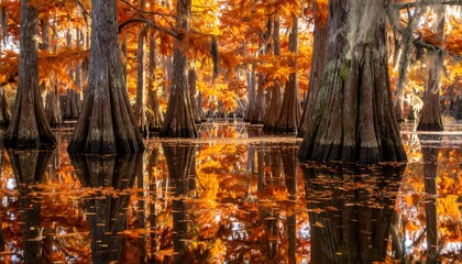 An autumn scene showcasing trees with orange foliage reflecting in still water