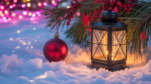 Warm lantern glows amidst snowy Christmas night with festive lights - Powered by Adobe