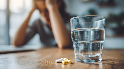 Close-up of a glass of water and scattered pills on a wooden table, with a blurred figure in the background showing signs of distress and contemplation.