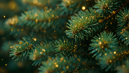Close up of christmas tree branches with golden glitter creating a festive holiday atmosphere