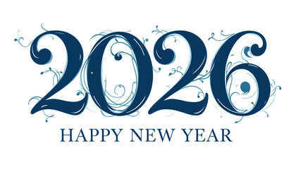2026 happy new year text with blue swirls and flourishes image