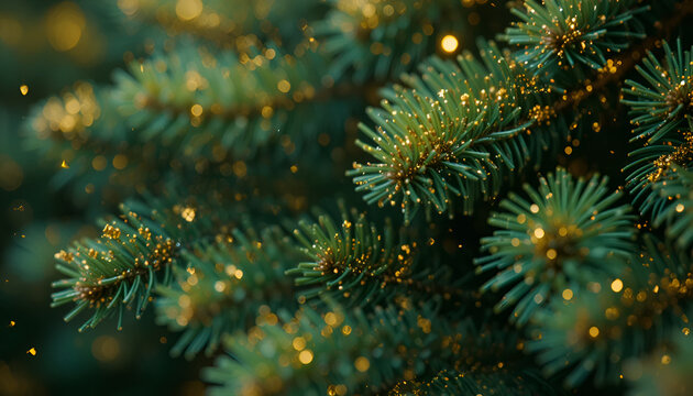 Close up of christmas tree branches with golden glitter creating a festive holiday atmosphere