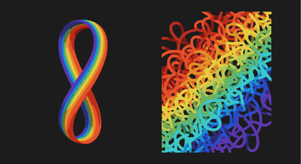 Abstract vector background with a smooth infinity loop symbol and a chaotic pattern of entangled lines, both featuring a vibrant, continuous rainbow color gradient on a dark background.