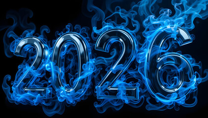 2026 metallic numbers surrounded by blue smoke on black year future