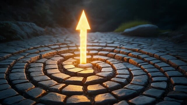 静かな石の道に浮かぶ光の矢が導く内省の象徴
