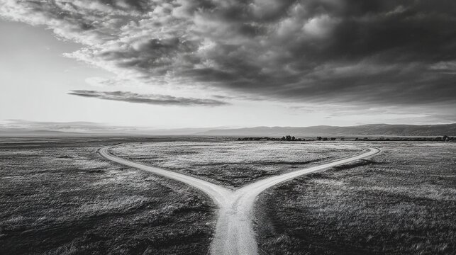divergence. A symbolic fork in the road with two diverging paths under a dramatic sky, representing choices. wellbeing guides, coaching materials, designed for coaching and self-improvement content.