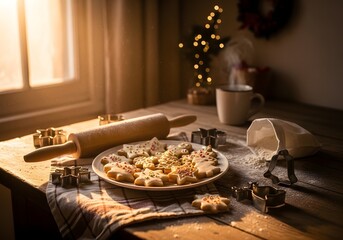 Cozy Christmas baking scene with cookies, rolling pin, and a cup of hot drink on a wooden table.