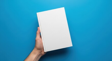 Obraz premium Blank Book in Hand on Blue Background, White, Holding, Holding a book