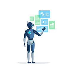 Futuristic blue android robot interacting with a virtual data analysis interface showing charts and graphs.