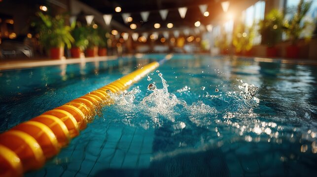 Vibrant pool lane with dynamic water splashes and warm sunlight creating an energetic atmosphere for swimming and aquatic activities