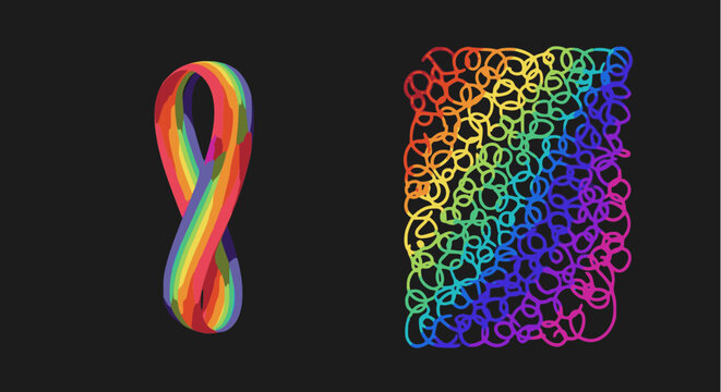 Abstract rainbow art set on a black background, featuring a colorful infinity loop ribbon and a dense texture of overlapping vibrant scribble circles, dynamic and modern vector graphic design.
