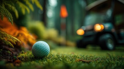 Golf ball rests on lush green grass near a golf cart, ready for the next shot on a misty morning.