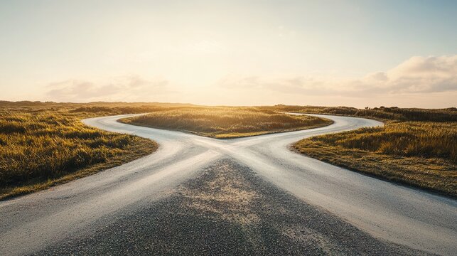 divergence. A symbolic fork in the road with two diverging paths under a dramatic sky, representing choices. wellbeing guides, coaching materials, designed for coaching and self-improvement content.