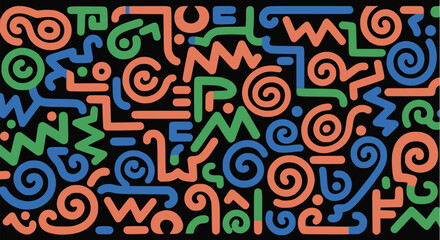 Seamless Memphis style pattern featuring bold, rounded continuous lines in coral, blue, and green, forming abstract geometric shapes, spirals, and squiggles on a black background, 80s inspired vector.