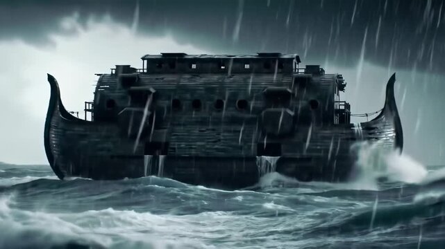 Huge wooden ark navigating a storm-tossed sea under a dark, cloudy sky with heavy rain pouring down