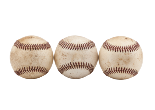 Three aged baseballs, slightly dirty, aligned in a row