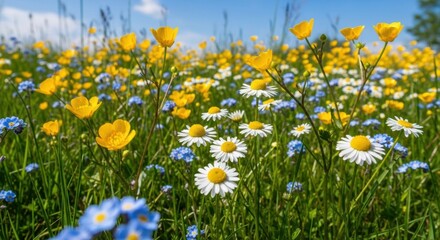 Vibrant Meadow of Wildflowers Under a Blue Sky, Nature, Spring, Summer