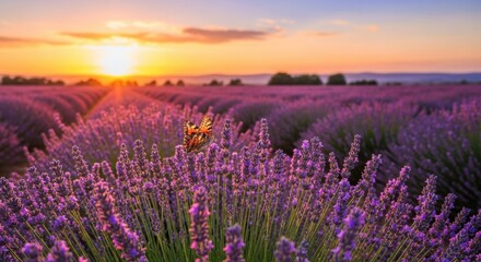 Naklejka premium Sunset Over Lavender Field with Butterfly, Nature, Floral, Purple
