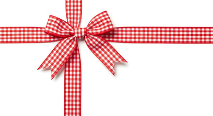 A red and white checkered ribbon tied into a bow, isolated on a white background, perfect for gift wrapping and decoration